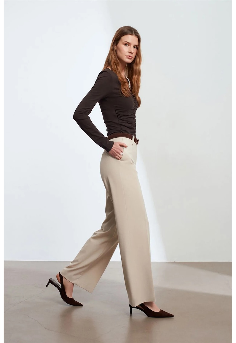 Pantaloni dama - cu talie medie - croiala larga - piatra naturala - crep