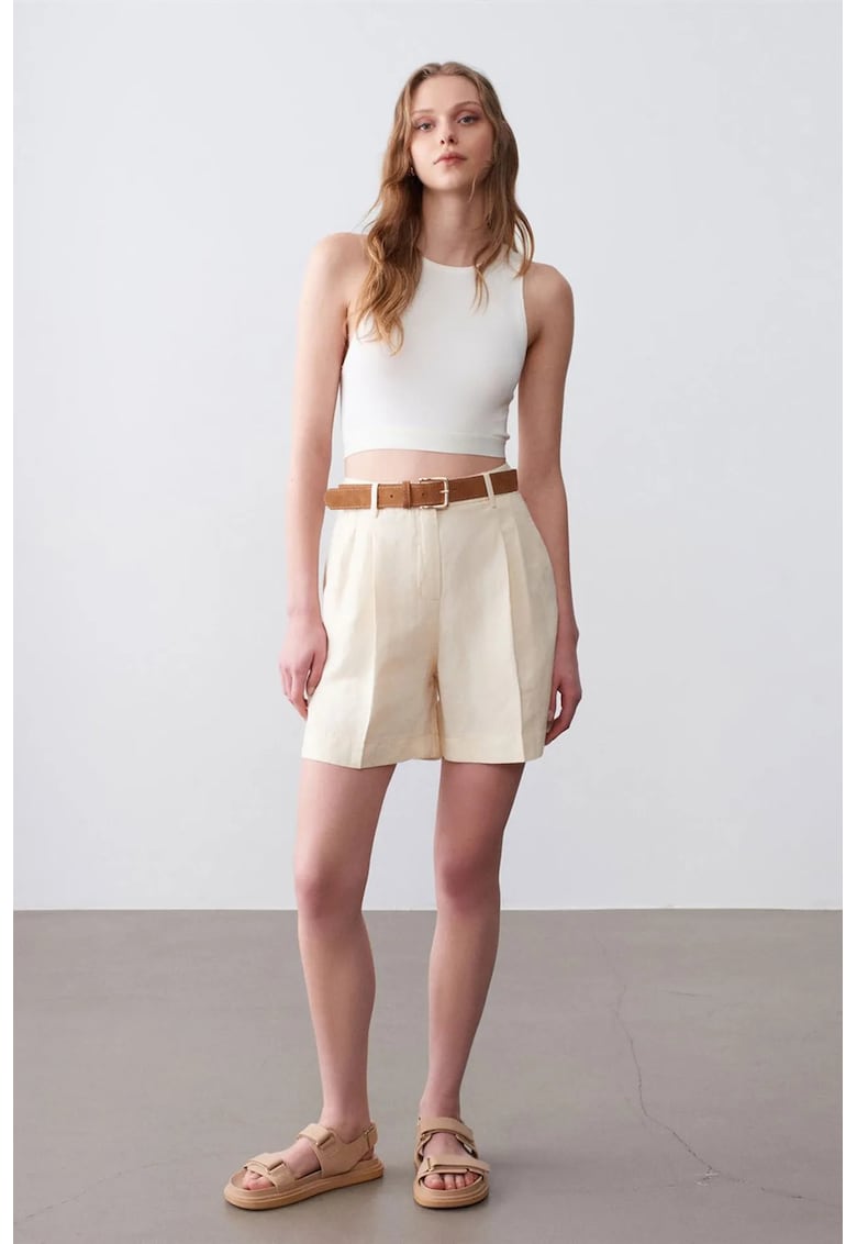 Pantaloni scurti - talie inalta - picior larg - crem - bumbac