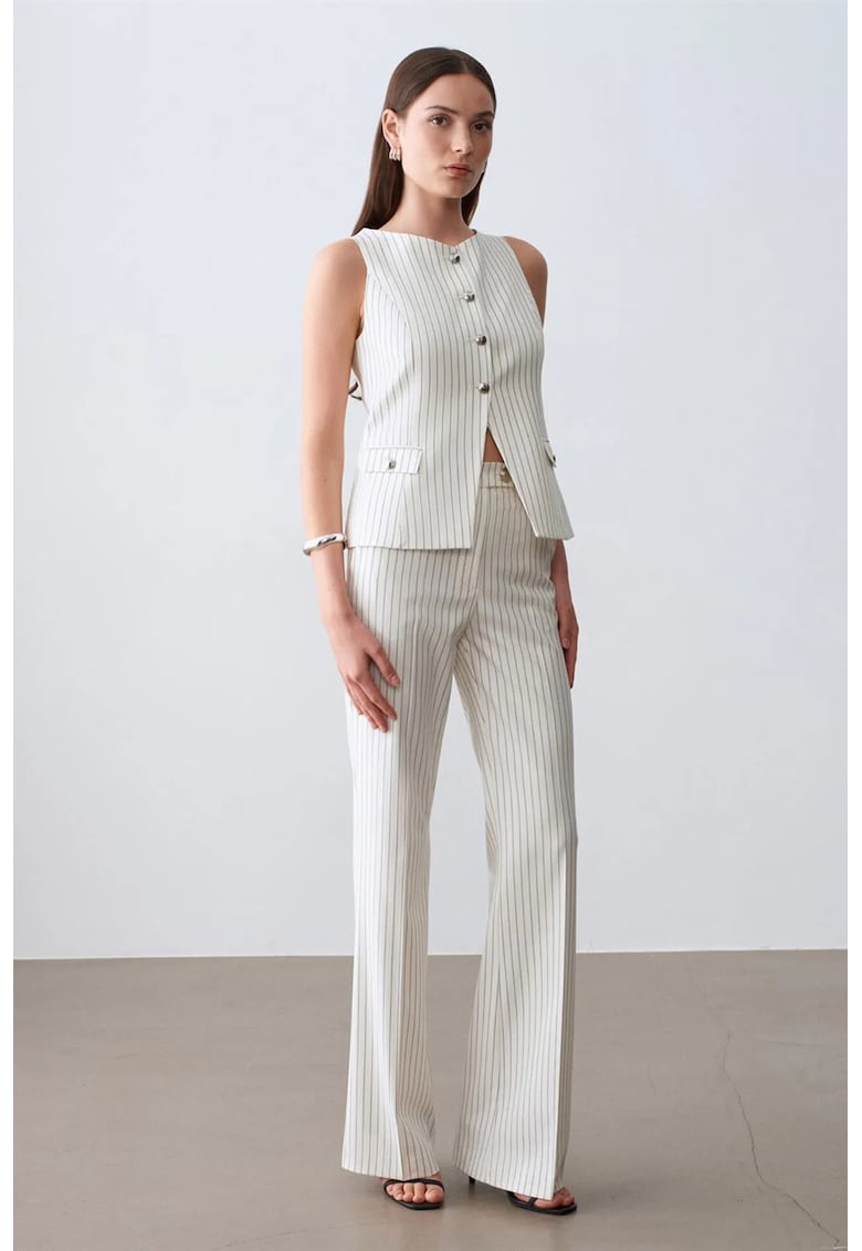 Pantaloni dama - talie medie - croiala larga - dungi - alb prafuit - poliester-viscoza-elastan
