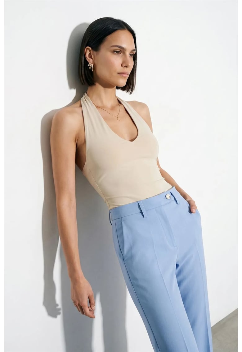 Body femei - casual - guler halter - decupaje - bej natural - 93% nailon - 7% elastan