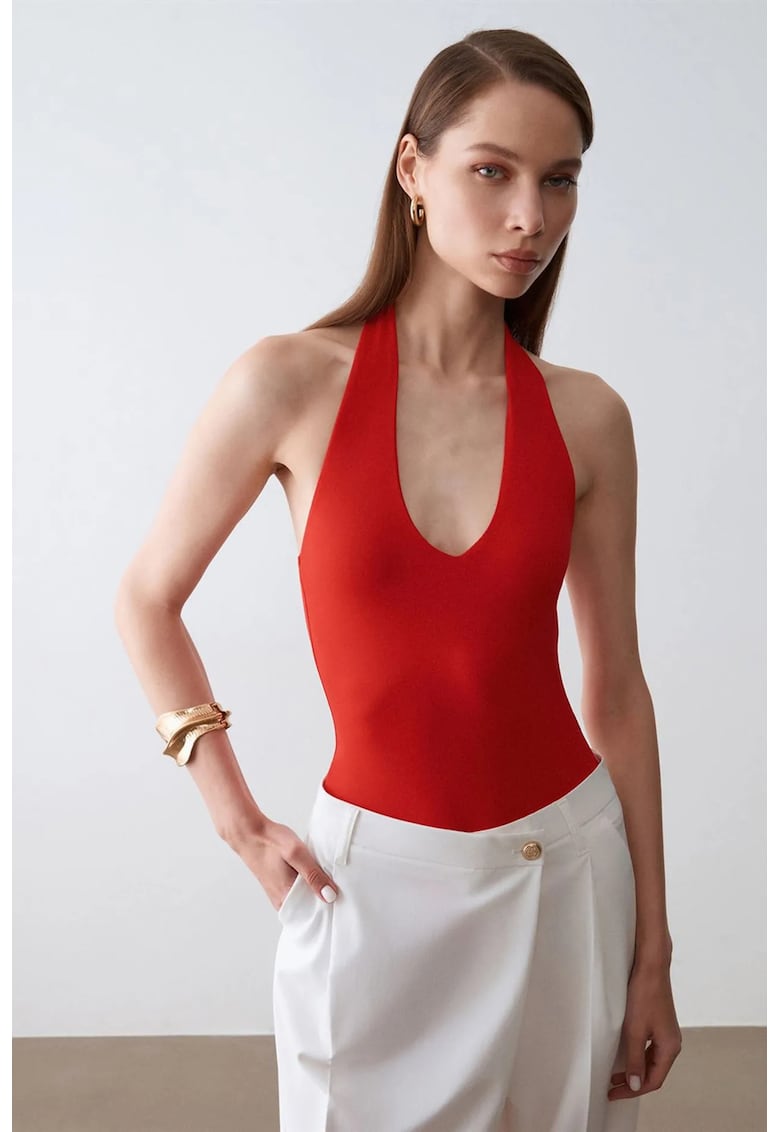 Body cu Decupaj - Guler Halter - Rosu - 93% nailon - 7% elastan