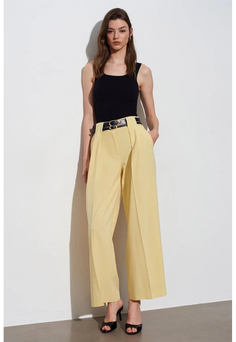 Pantaloni dama - talie inalta - croiala ampla - galben lamaie - poliester