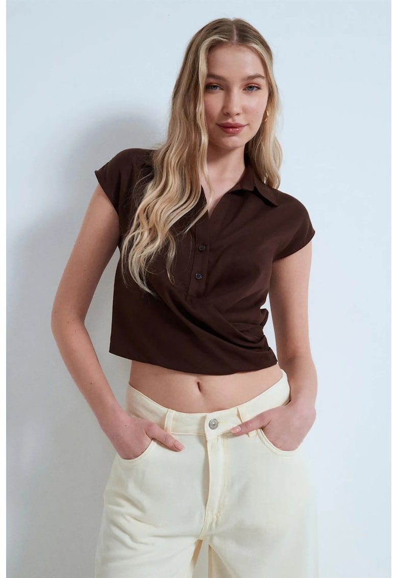 Bluza dama - Bluza Crop Tencel Poplin - maneca scurta - maro cafea - 100% Tencel