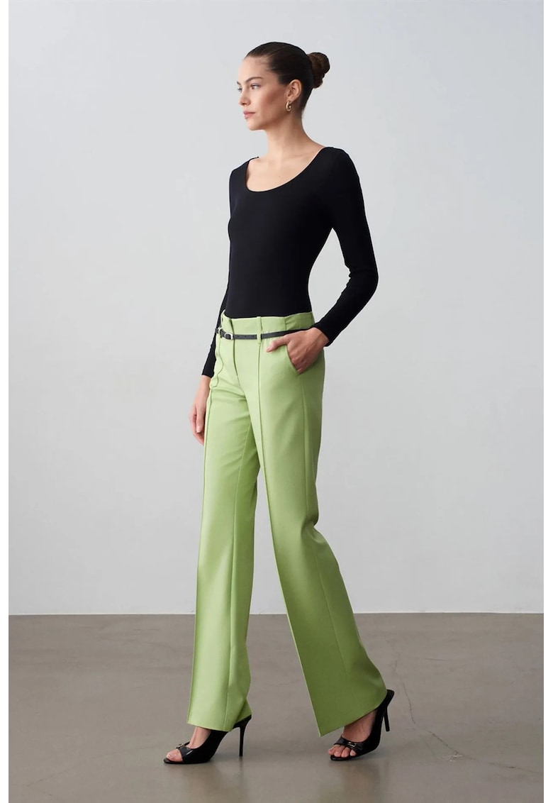 Pantaloni dama - crep - casual - cu curea - verde menta