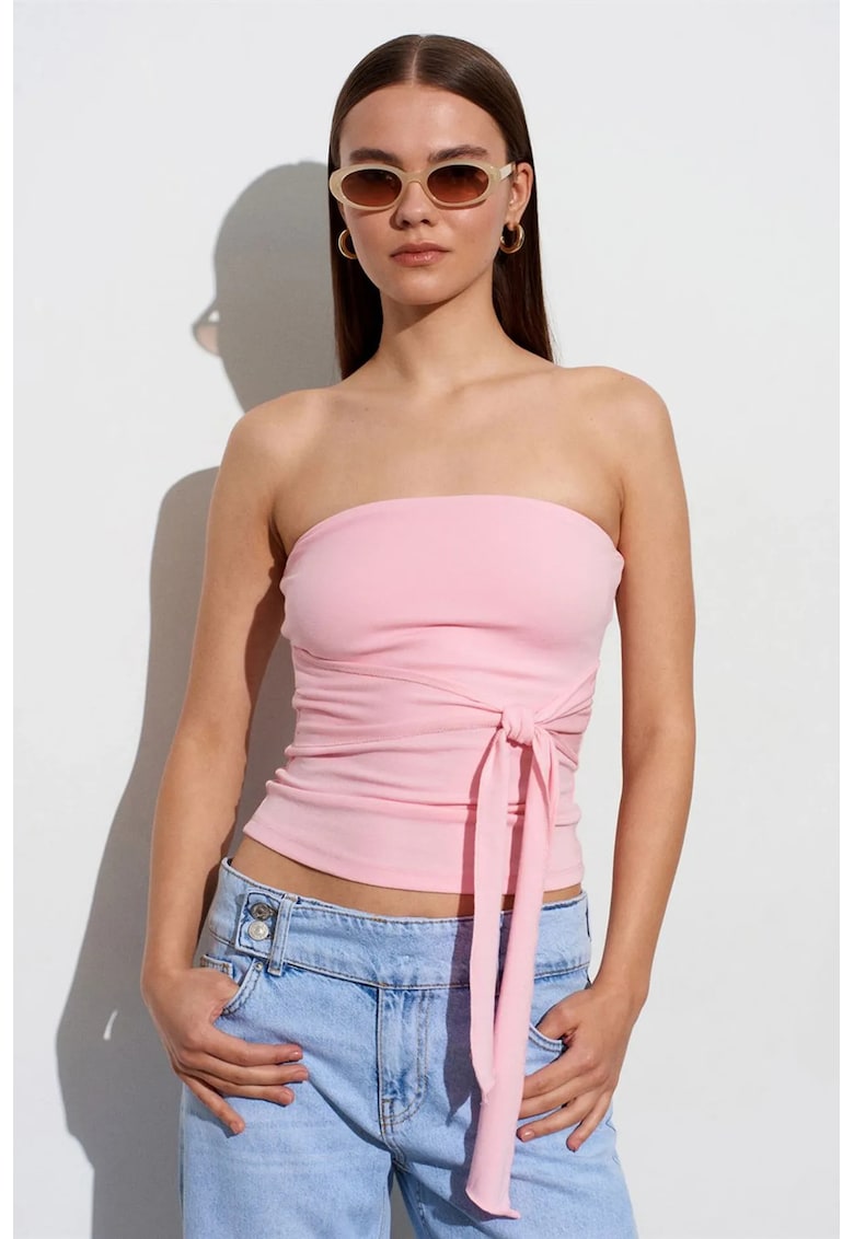 Bluza dama - bluza fara bretele cu detaliu tip cravata - roz pudra - jerseu