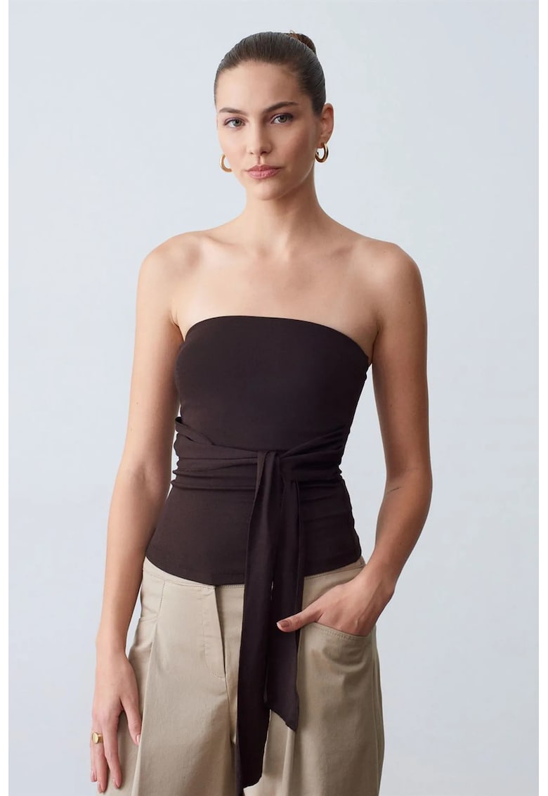 Bluza dama - bluza slim-fit fara bretele - detalii cu snur - maro cafea - bumbac/modal/elastan