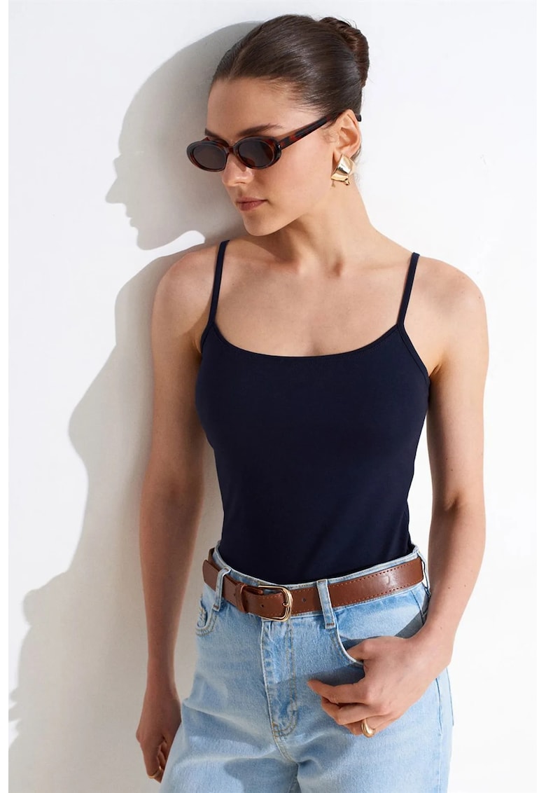 Bluza dama - fara maneci - croiala slim-fit - albastru marin - 95% bumbac