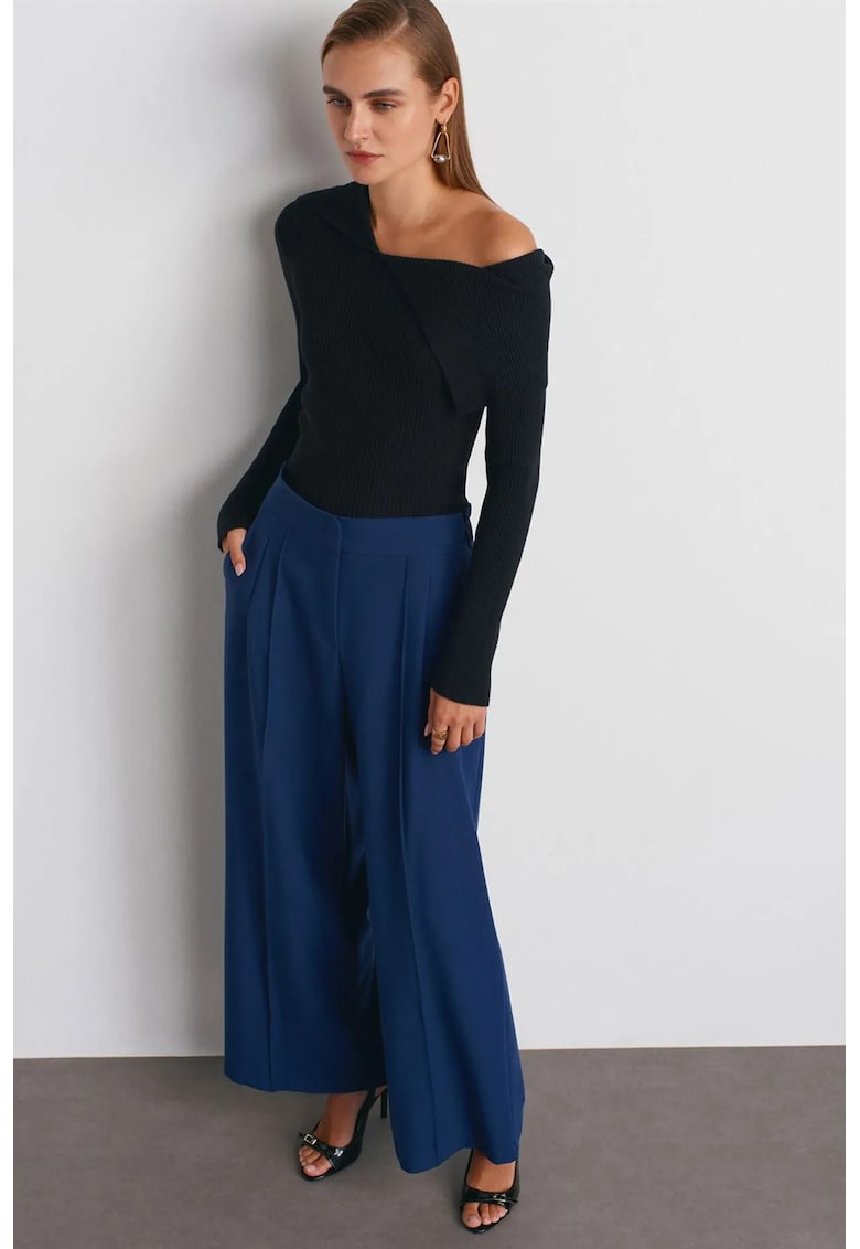 Pantaloni dama - talie inalta - picior larg - Albastru Marin - crep