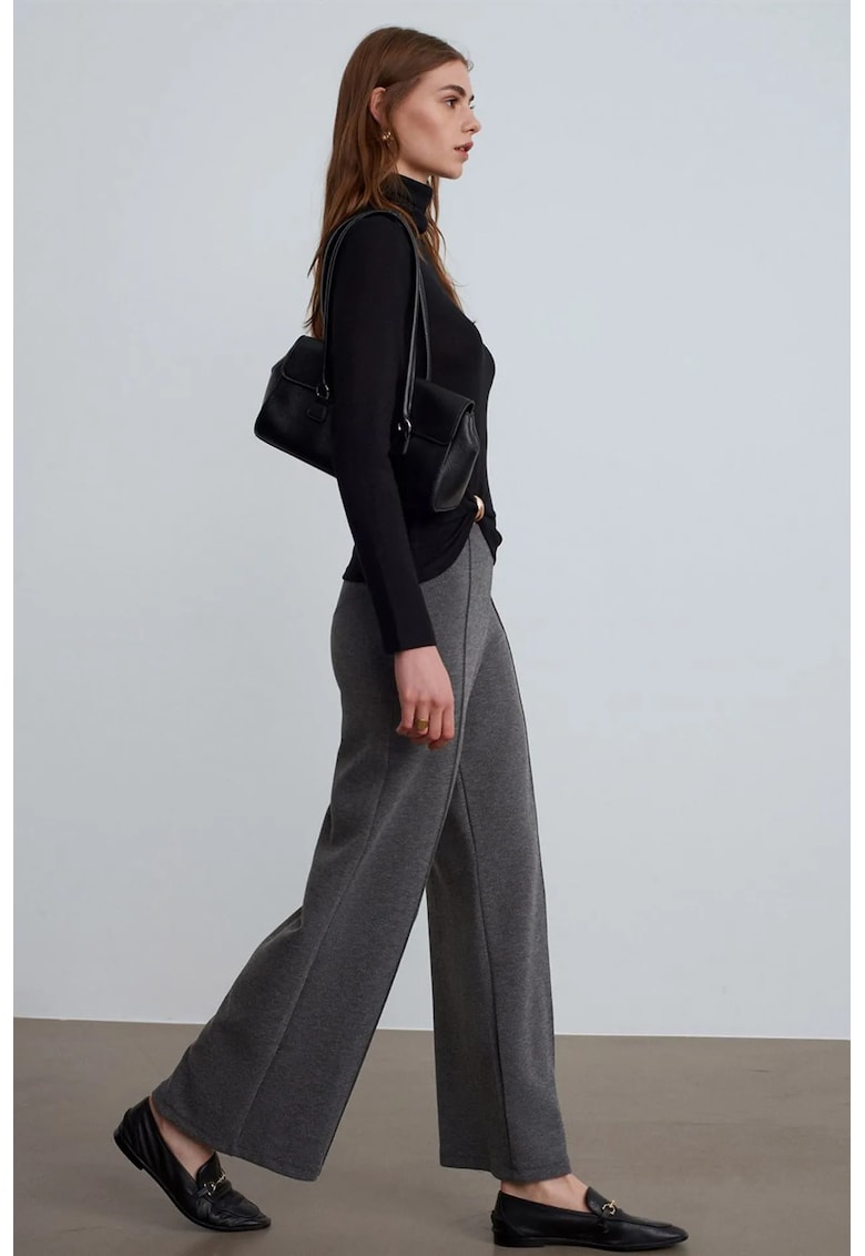 Pantaloni dama - talie medie - picior larg - gri antracit - tesuti