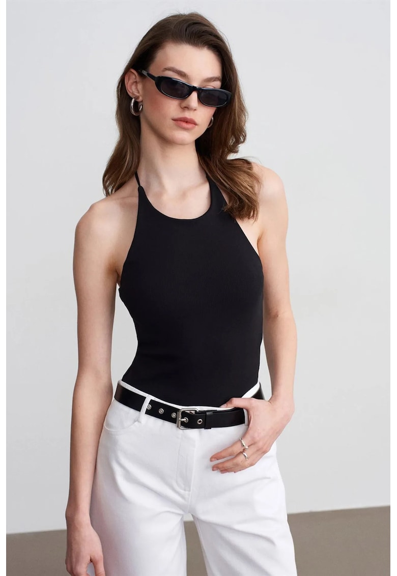 Bluza dama - slim fit - halterneck - elastic - negru - bumbac si elastan