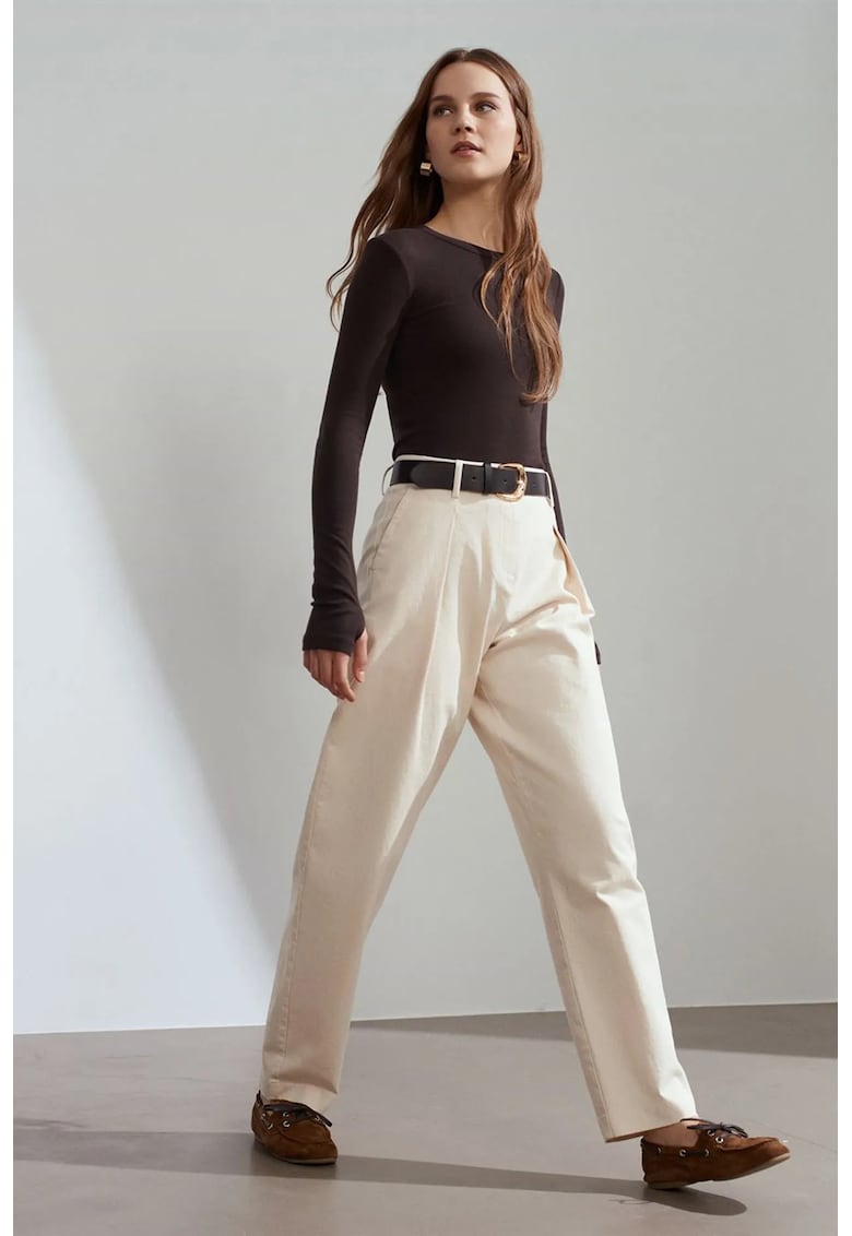 Pantaloni dama - croiala larga - talie inalta - crem natural - din gabardina