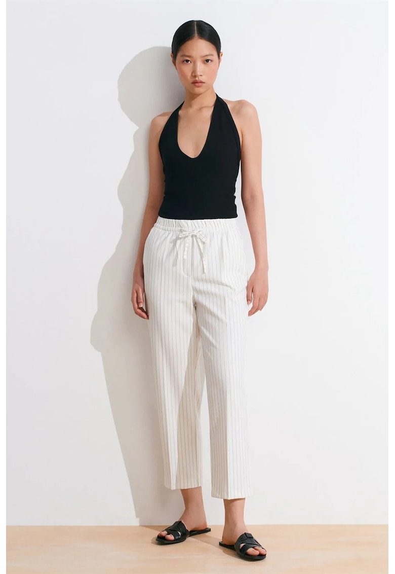 Pantaloni jogger - croiala dreapta - talie elastica cu snur - Alb Murdar - tesatura cu dungi