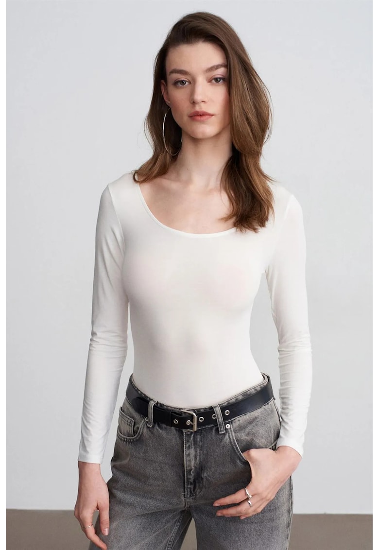 Body din jerseu modal slim fit - alb - maneca lunga - elastic - pentru femei