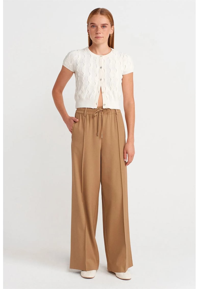Pantaloni dama - Wide-Leg - casual - maro camel - crepe cu snur
