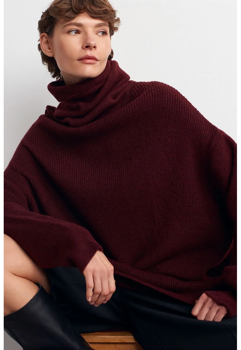 Pulover dama - supradimensionat - guler inalt - rosu burgundy - acril si poliester -