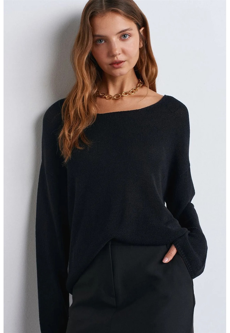 Pulover dama - cu guler barcuta - maneci lungi - negru - acril si poliamida -