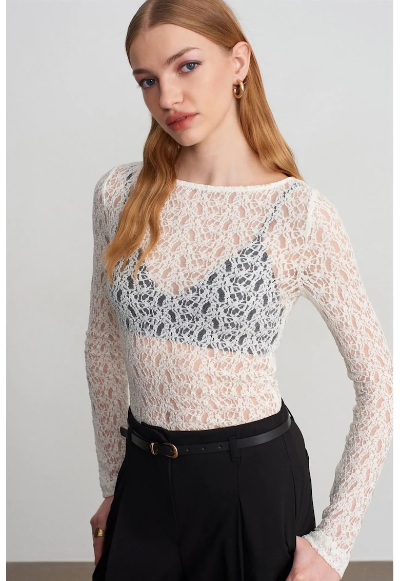 Bluza slim fit - dantela - alb - elegant