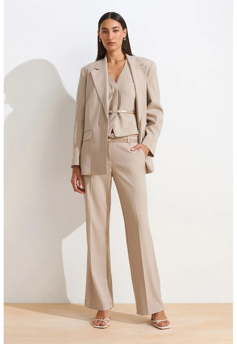 Pantaloni dama - cu dungi - croiala dreapta - cu curea - Bej Natural - poliester-viscoza-elastan