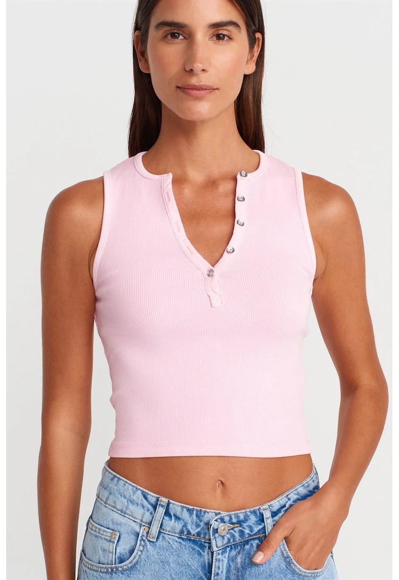 Bluze dama - crop top reiat - roz pudra - bumbac-elastan - fara maneci -