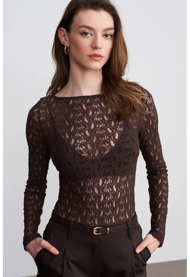 Bluze dama - Bluza Slim Fit cu Dantela - Maro Cafea - Elegant - Maneca lunga