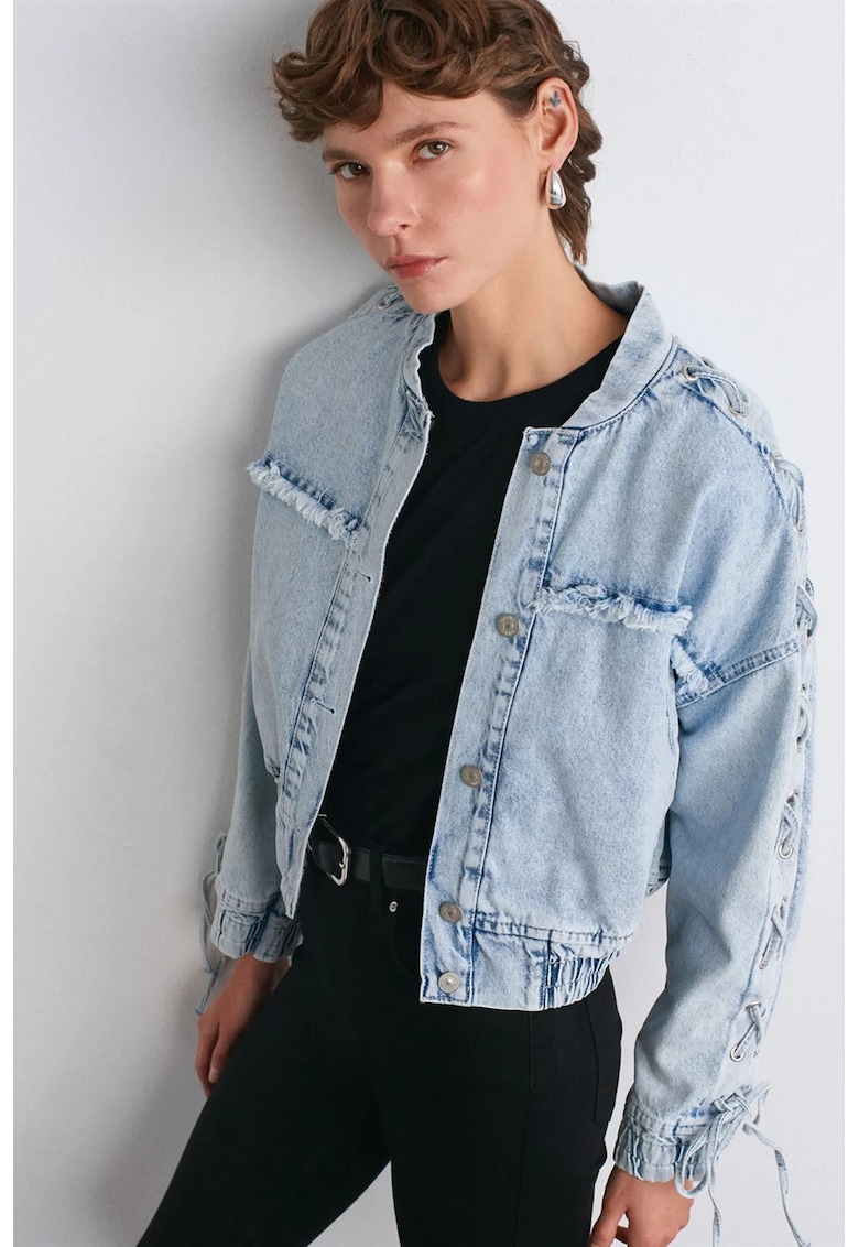 Geaca scurta din denim guler tip camasa - albastru deschis - 100% bumbac - pentru femei