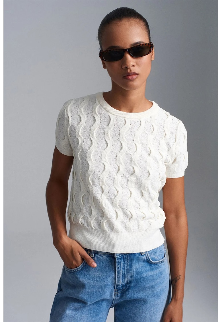 Bluza dama - crop - alb - tricot texturat - maneci scurte -