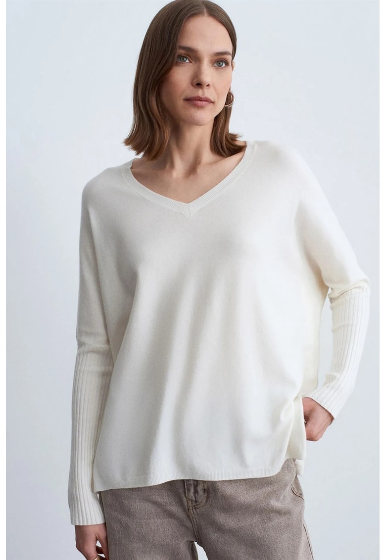 Pulover dama - tricotat - decolteu in V - uni - ivory natural - viscoza - poliester - casmir -