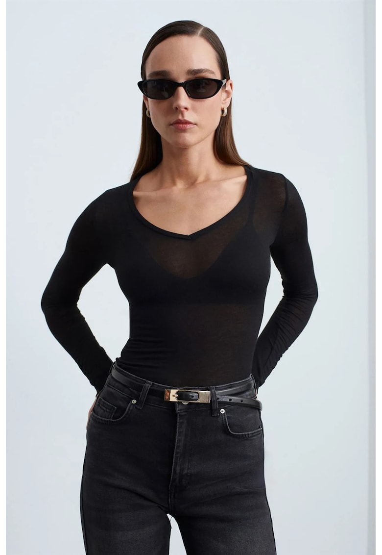 Bluza dama - slim fit - maneca lunga - decolteu in V - negru - tricot din lycra - modal - casmir - elastan