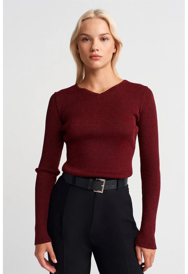Pulover dama - slim fit - rosu burgundy - tricot poliester-viscoza - maneci lungi - decolteu in V - One Size INTL -