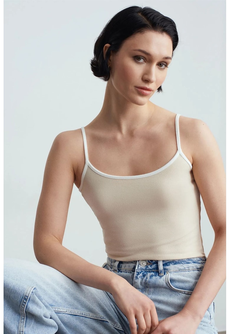 Bluza dama - color-block - bej natural - tricotata - fara maneci