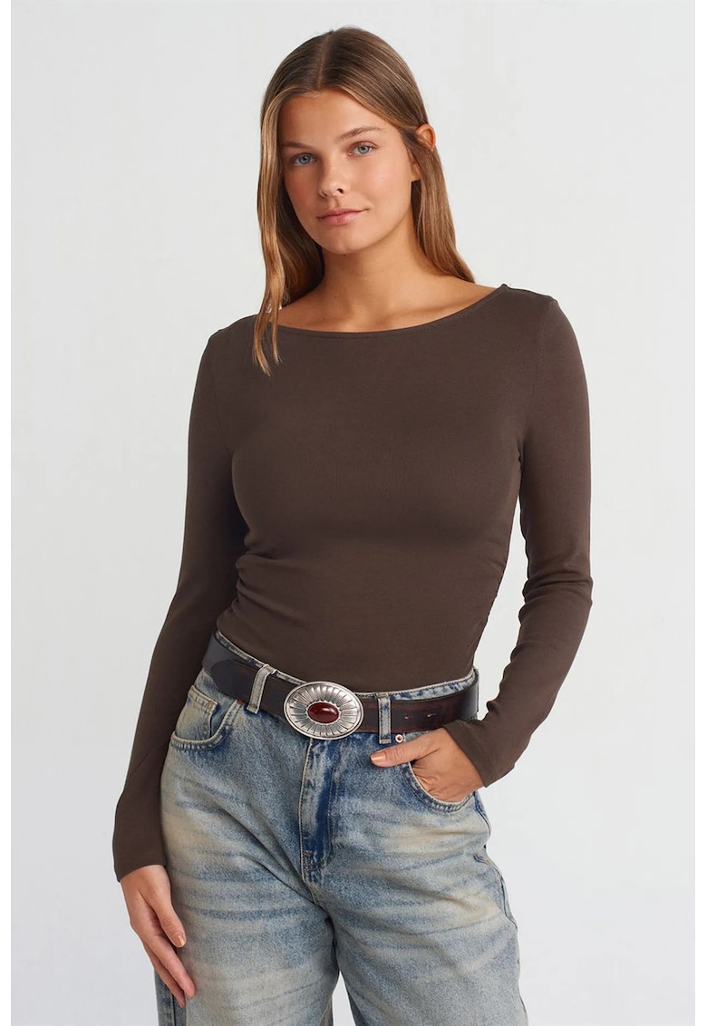 Bluza dama - Slim Fit - maneca lunga - maro cafea - bumbac