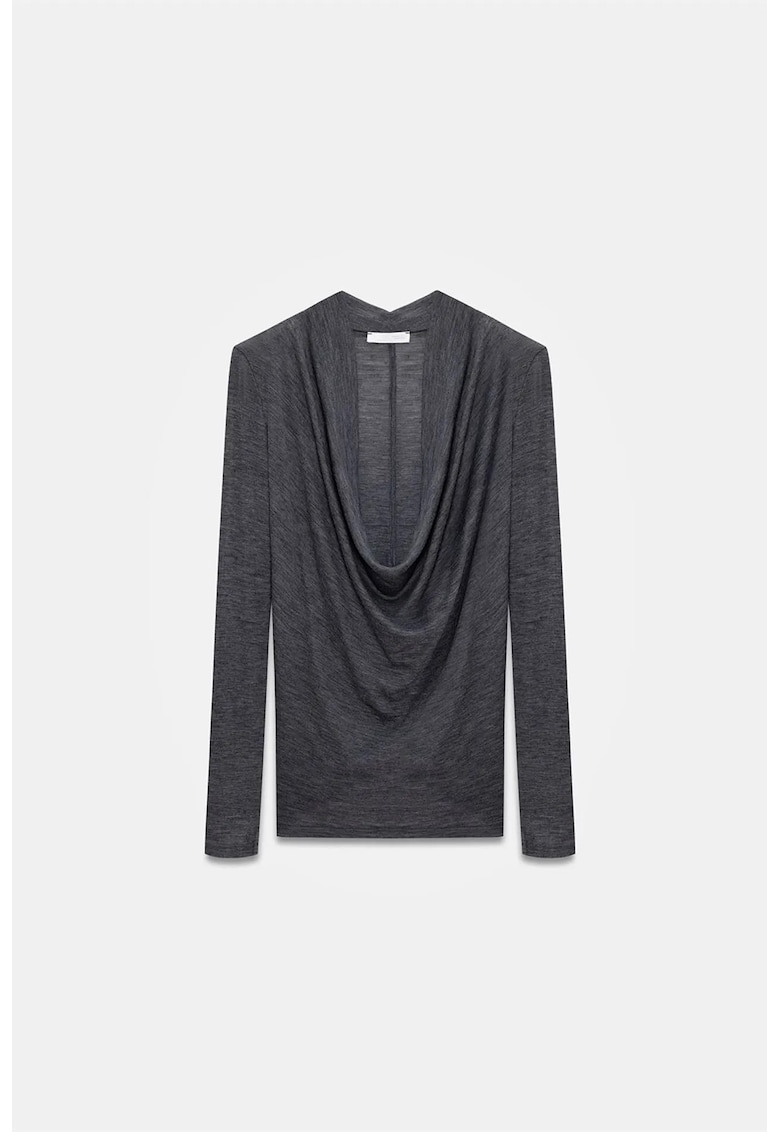 Bluza dama - slim-fit - gri antracit - din lana - maneci lungi - guler drapat
