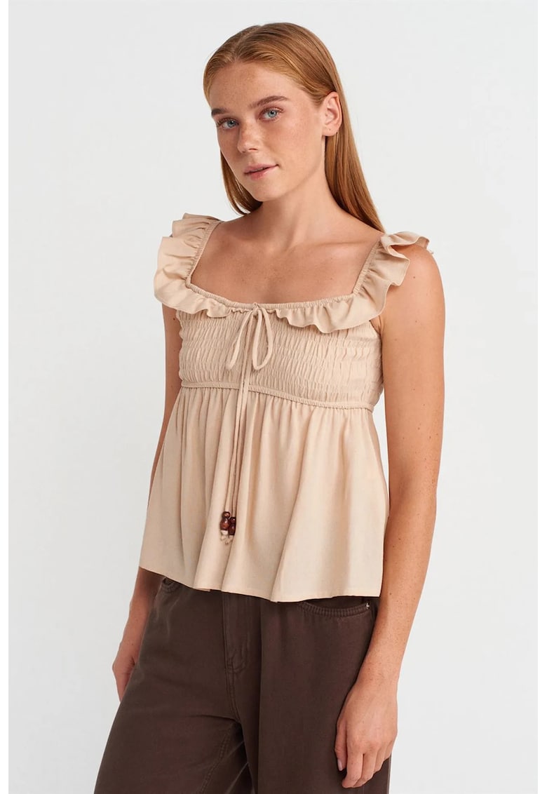 Bluza dama - bluza fara maneci - decolteu patrat - volanase - bej natural - viscoza-in