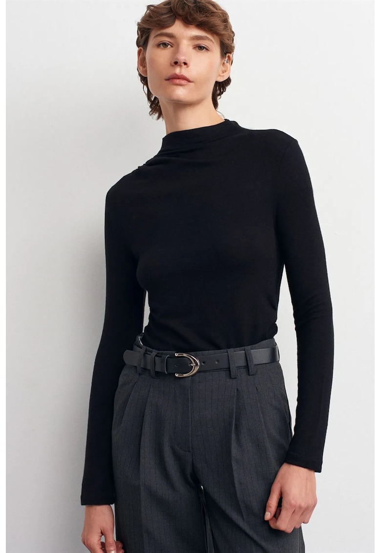 Bluza dama - cu guler semi-rulat - slim-fit - negru - material striat