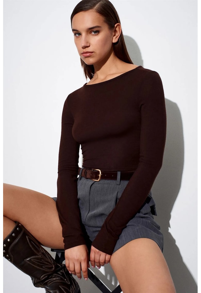 Bluza dama - bluza cu maneca lunga - guler barcuta - maro cafea - casual