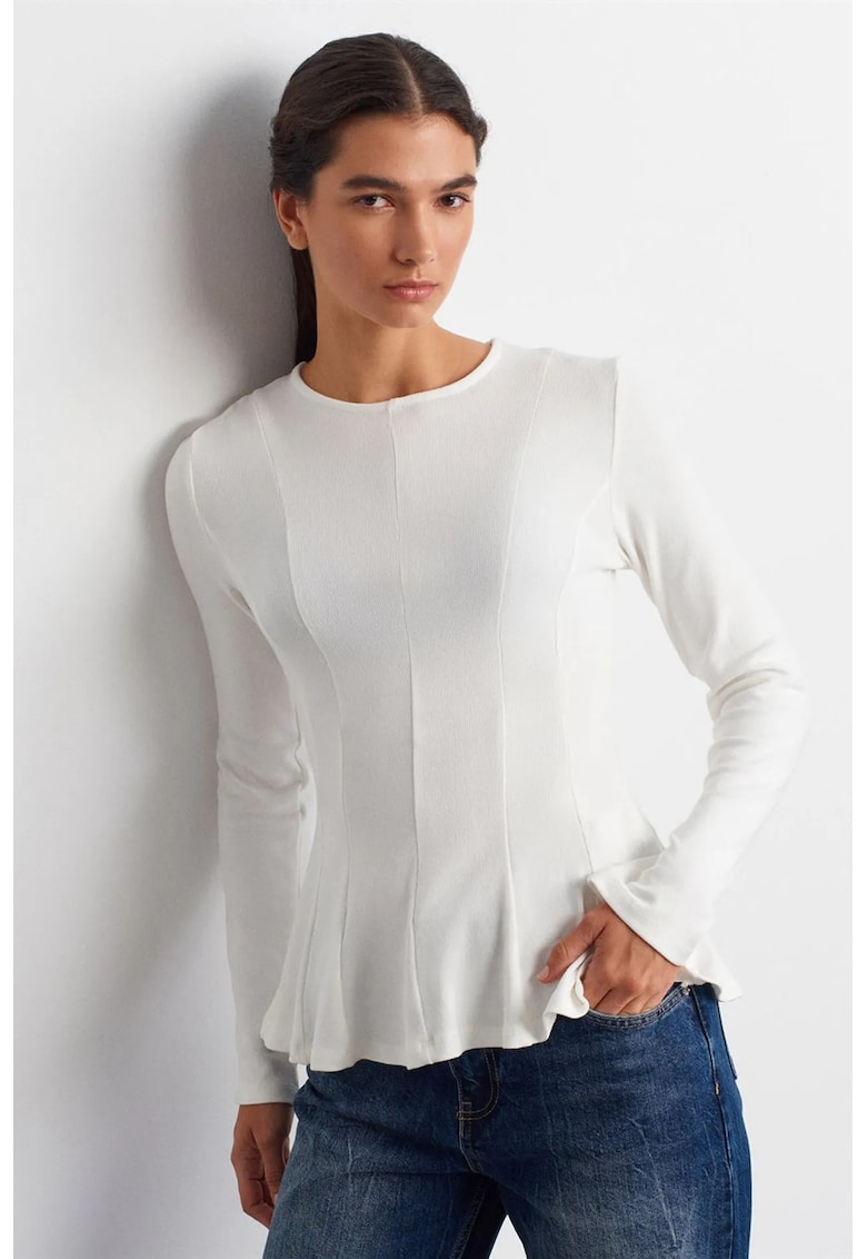 Bluza dama - Bluza tip Peplum - Alb - tricotata texturata - maneca lunga - casual