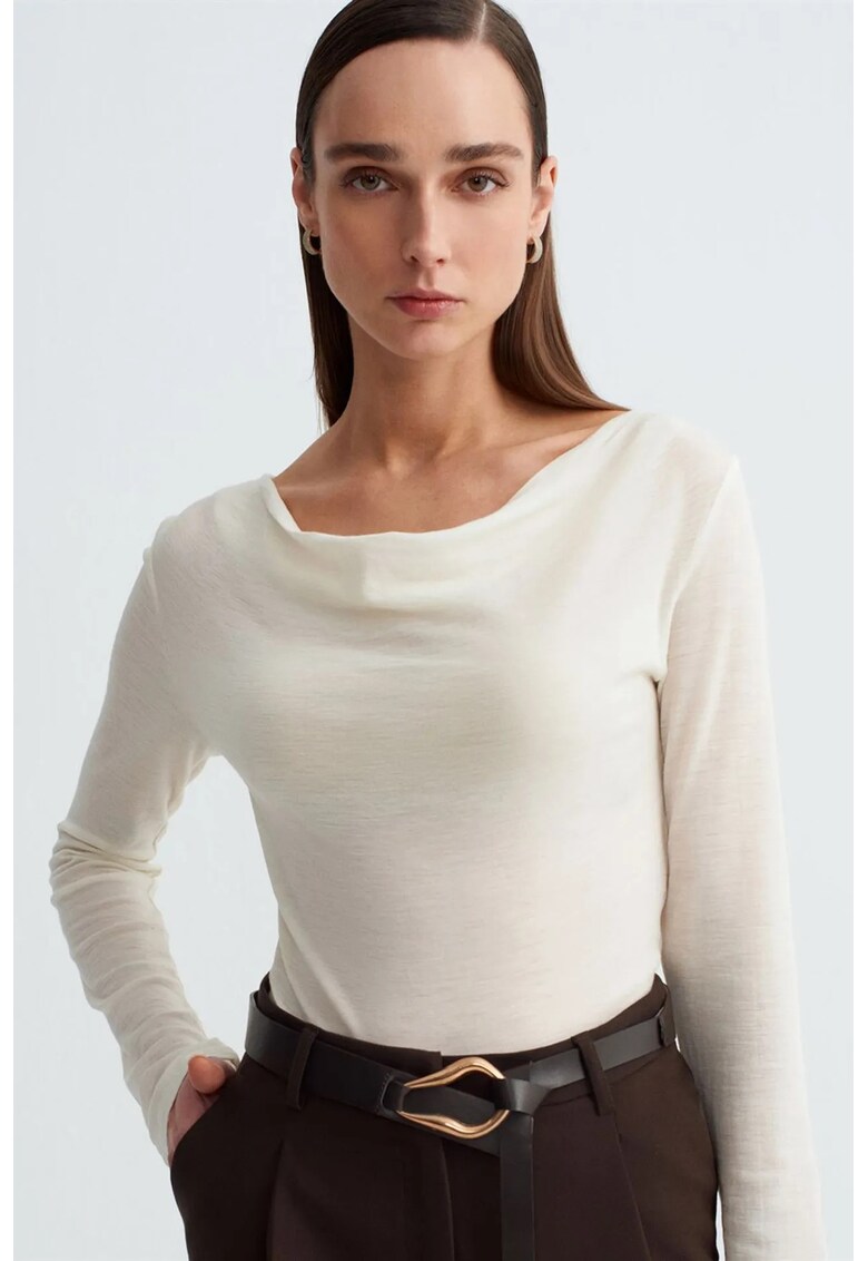 Bluza dama - bluza din lana tricotata - guler tip fular - ivory natural - casual