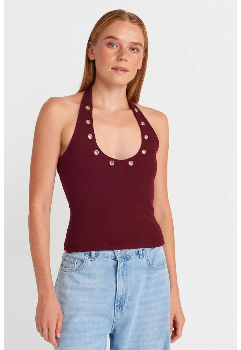 Bluza dama - bluza scurta cu guler halter - detalii din pietre - rosu burgundy - 94% bumbac