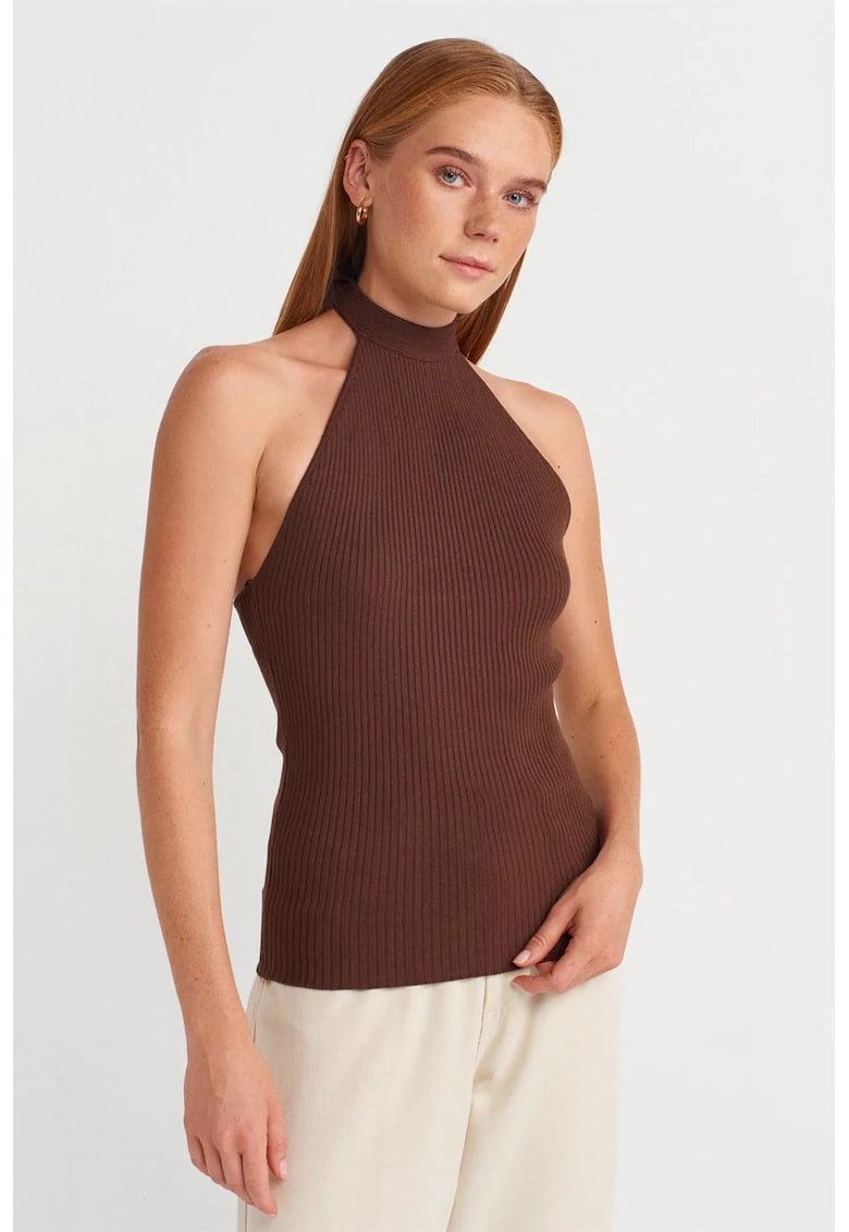 Bluza dama - bluza mulata cu guler halter - maro cafea - cu nervuri - viscoza -