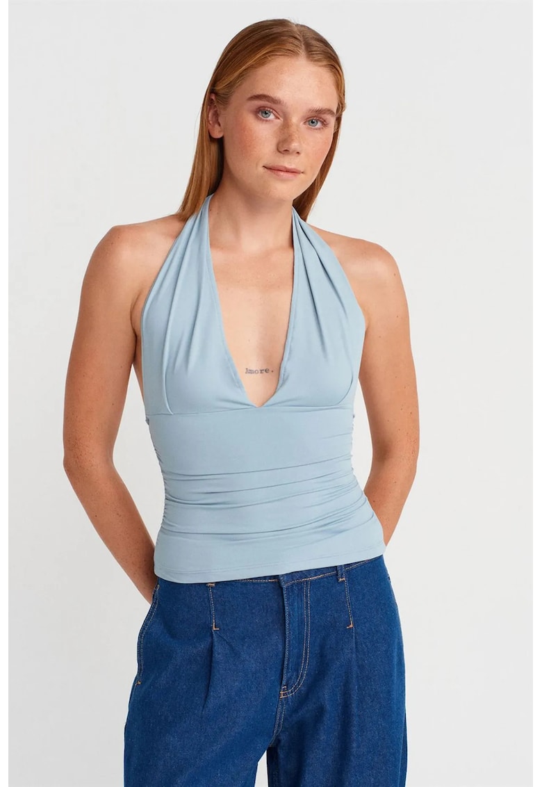 Bluza dama - Bluza Slim-fit cu guler halter - Drapaj - Albastru deschis - 93% nailon - 7% elastan