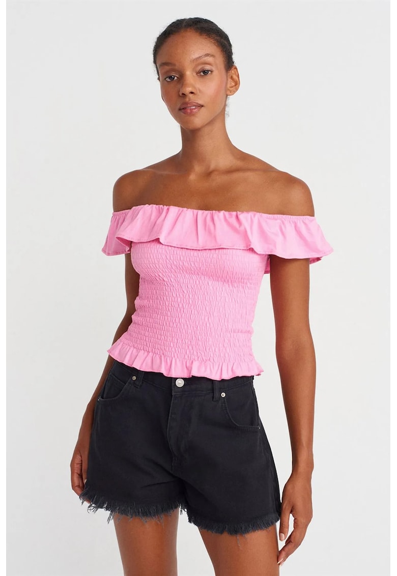 Bluza dama crop - roz aprins - bumbac-modal - detalii volanase