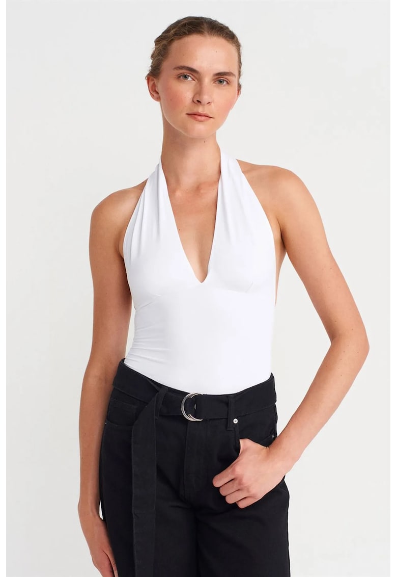 Bluza dama - slim-fit - alb - tricot subtire - guler halter - fara inchidere