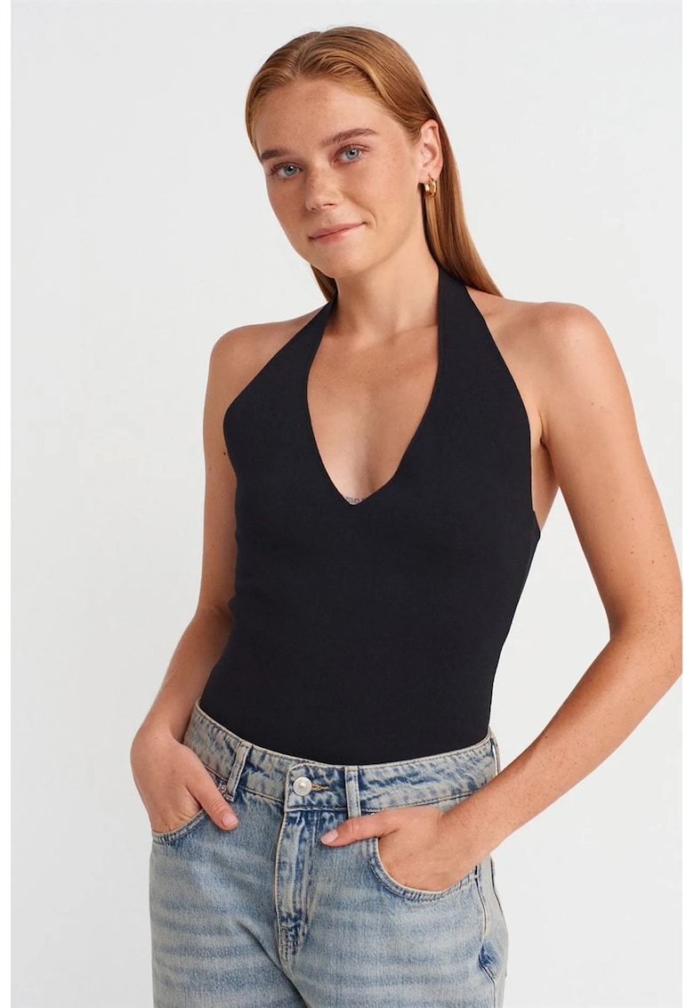 Bluza dama - slim fit - negru - tricotat - guler halter - detaliu imprimat pe spate -