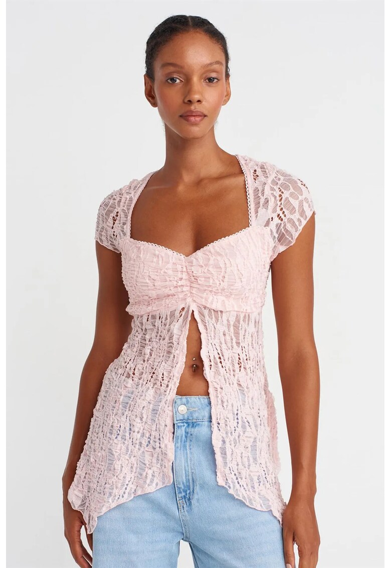 Top Top Slim Fit cu decolteu patrat - decupaj - Roz pudrat - Dantela