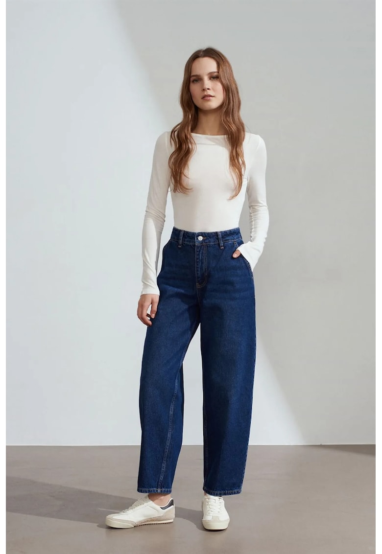 Blugi dama - talie inalta croiala larga - denim albastru inchis - 100% bumbac