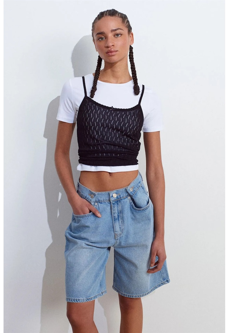 Bluza crop texturata - cu detaliu funda - negru - viscoza si poliamida -