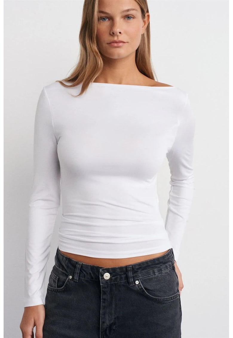 Bluza dama - bluza cu guler barcuta - croiala slim fit - alb - 94% viscoza - 6% elastan