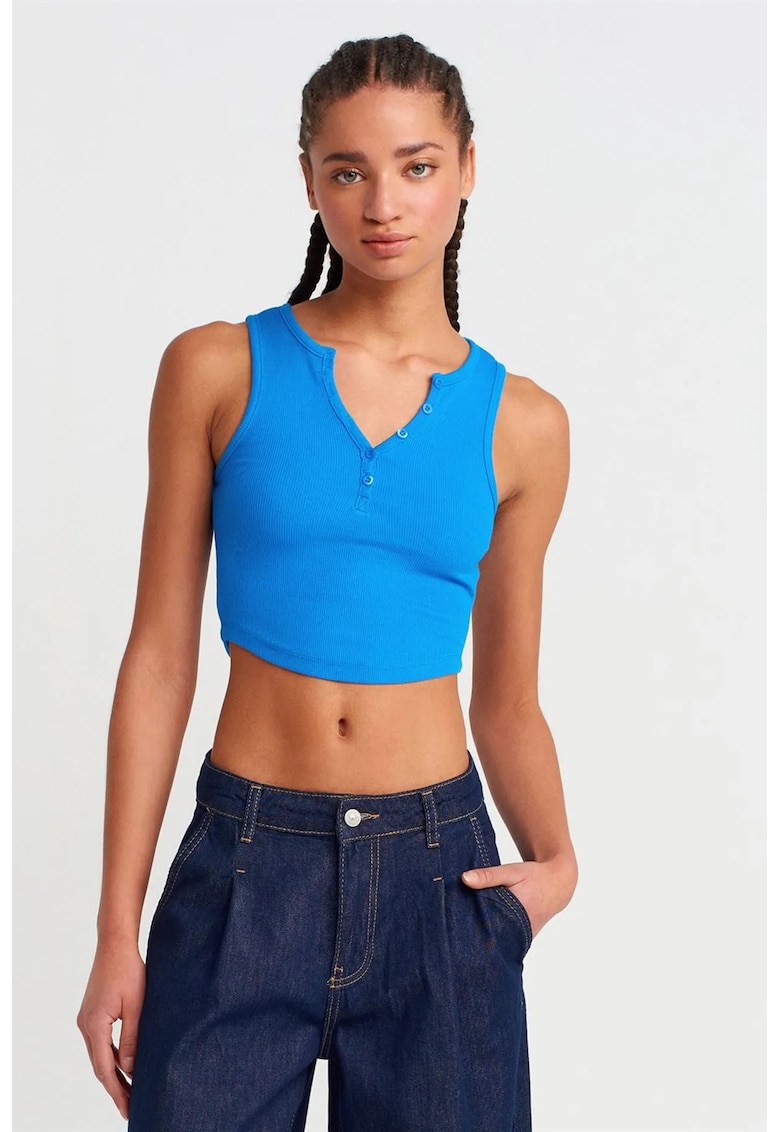 Bluza dama - crop - slim fit - albastru cobalt - bumbac-elastan