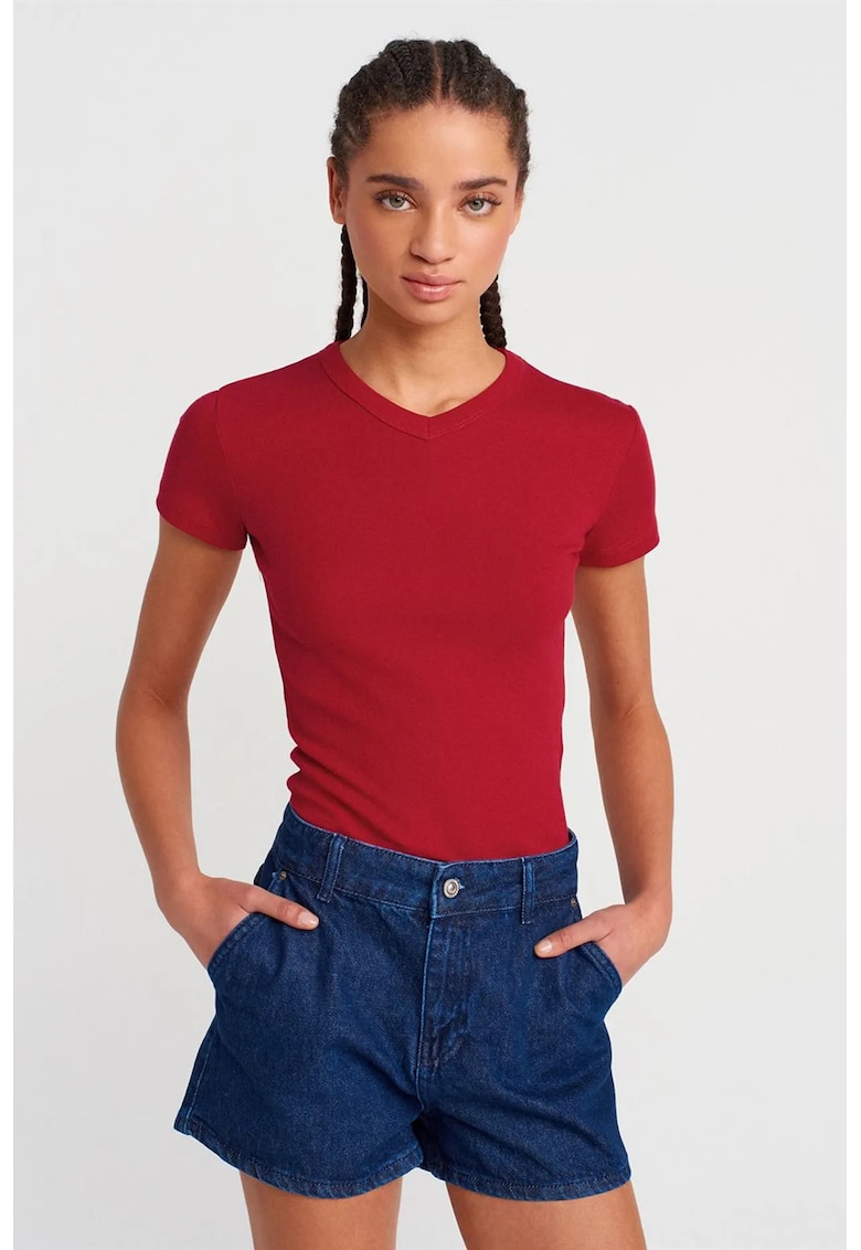 Tricou dama - tricou slim fit - rosu caramiziu - bumbac