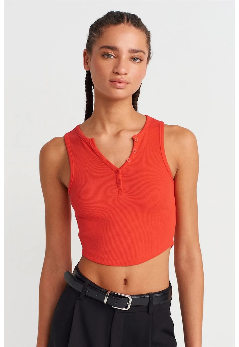 Bluza crop slim fit - rosu - bumbac-elastan - fara maneci - cu nasturi -